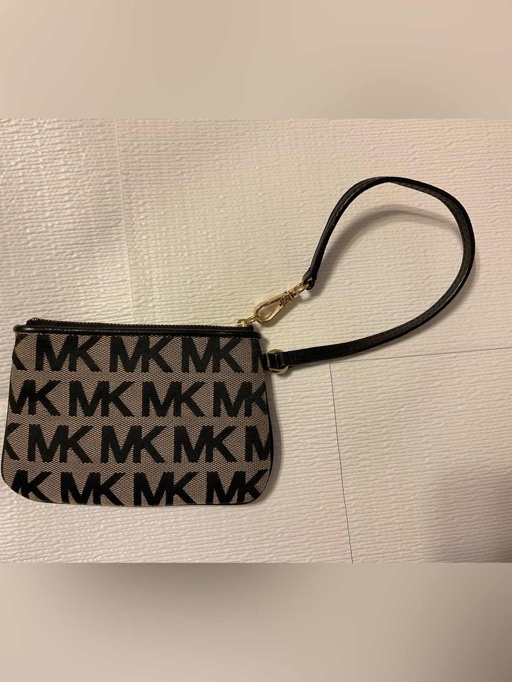 Michael Kors Black Logo Wristlet on Beige Canvas